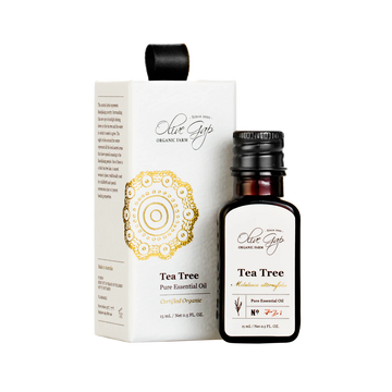 Olive Gap certified organic pure essential Tea Tree Oil in 15ml glass bottle with metal cap placed next to cardboard box with local indigenous design