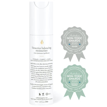 White 50ml container with bioactive balancing moisturiser to hydrate, clarify and calm combination & oily skin.  Award winning product awarded silver at the Australian non-toxic awards 2020.  Also received editor's choice award for oily & acne skin.