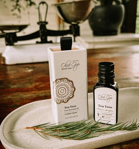 Pure essential tea tree oil in a bottle with its box next to it.  Placed on a ceramic tray with tea tree foliage on it.  Place on a wooden table