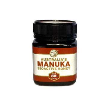 250g jar of Australia's Manuka Bioactive Honey rated at MGO 250+ with maroon and white coloured label
