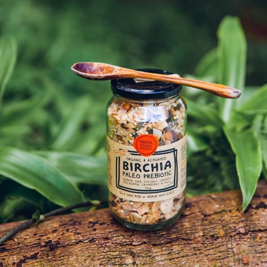 Glass jar of Birchia Paleo & Prebiotic granola showing the contents.  Jar is on a log with green foliage in background.  Wooden spoon on the top of the jar.
