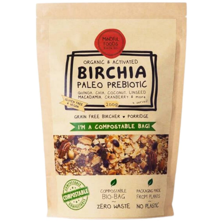 Organic & activated birchia paleo prebiotic granola in 200g compostable bio-bag.  Label has ingredients of quinoa, chia, coconut, linseed, macadamia, cranberry & more.  It is grain free bircher & good for porridge.