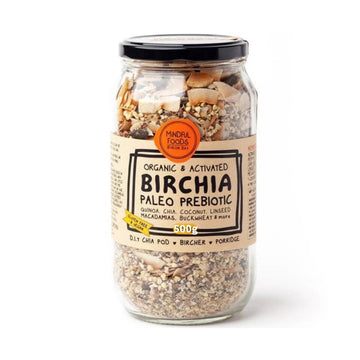 Organic & Activated Birchia Paleo Prebiotic in 500g glass jar showing contents.  Label has ingredients of quinoa, chia, coconut, linseed, macadamias, buckwheat & more.  Can be used to DIY Chia pod, bircher and porridge.  Label states granola is gluten free & vegan