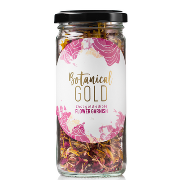 Glass jar with 24carat gold edible flower garnish called Botanical Gold Blush made by Barefoot Farm