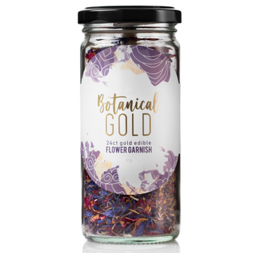 24ct gold edible flower garnish called Botanical Gold Indigo in glass jar