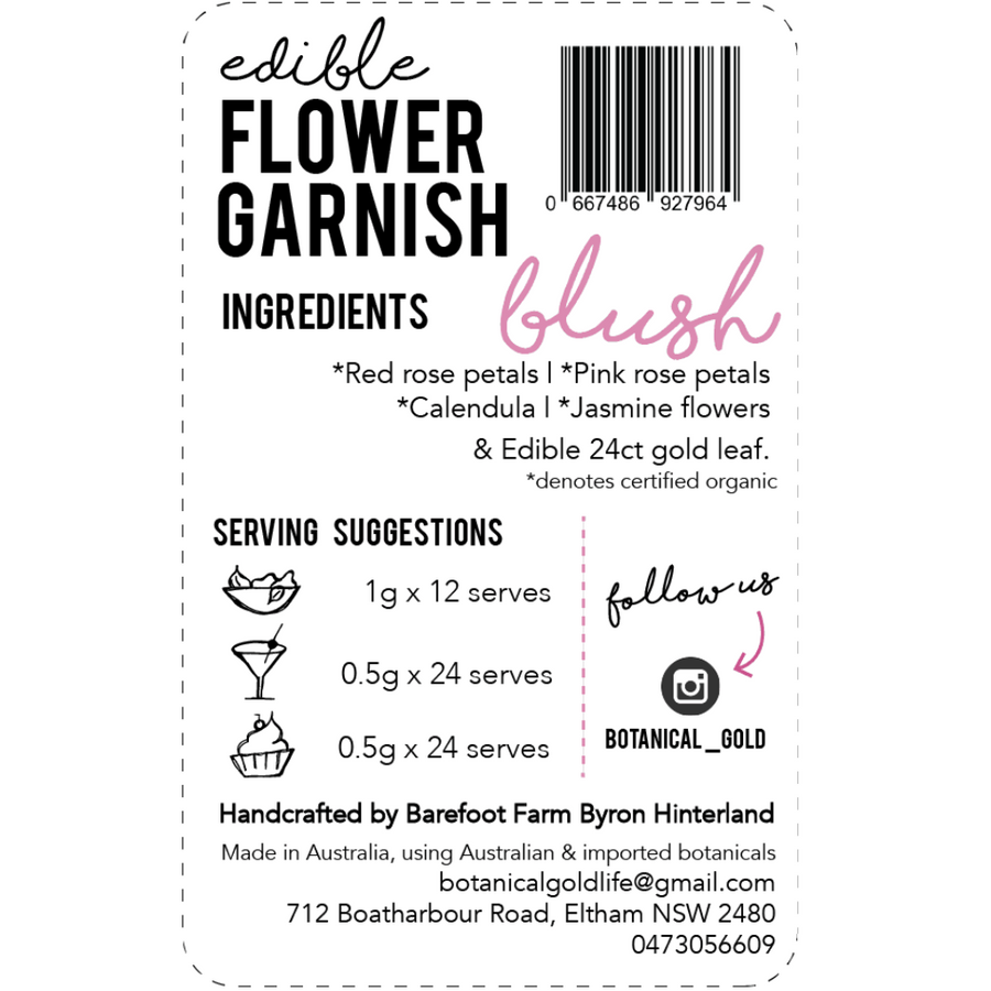 Description of ingredients in the 24 carat gold edible flower garnish blush consisting of red rose petals, pink rose petals, calendula, jasmine flowers & edible 24ct gold leaf