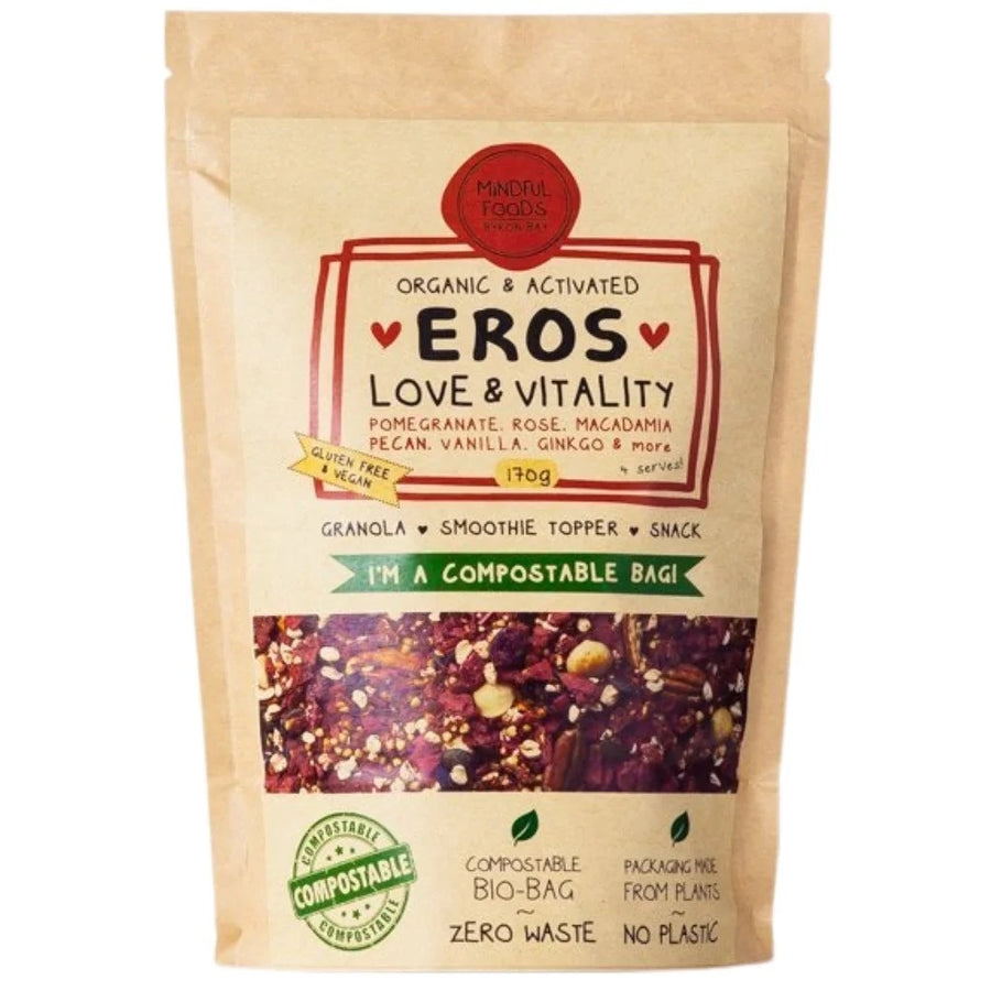 Organic & Activated Eros Love & Vitality Granola in 200g Compostable bio-bag.  Label shows ingredients of pomegranate, rose, macadamia, pecan, vanilla, ginkgo & more.  Label also states granola is gluten free & vegan