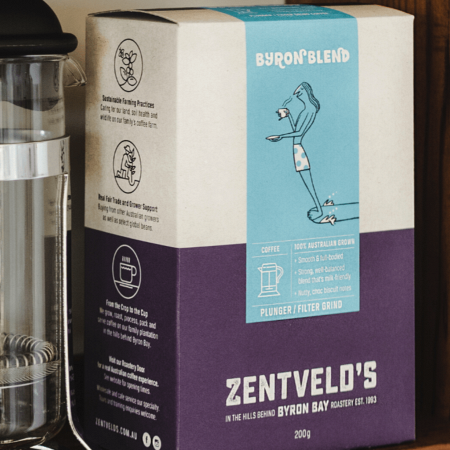 200g box of Zentveld's Byron Blend coffee with a glass coffee plunger next to it.